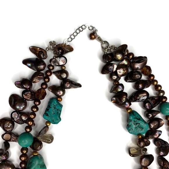 Turquoise Blue Brown Stone Pearl 3 Layer Tier Necklace Choker Boho Worn Twice - Picture 3 of 5
